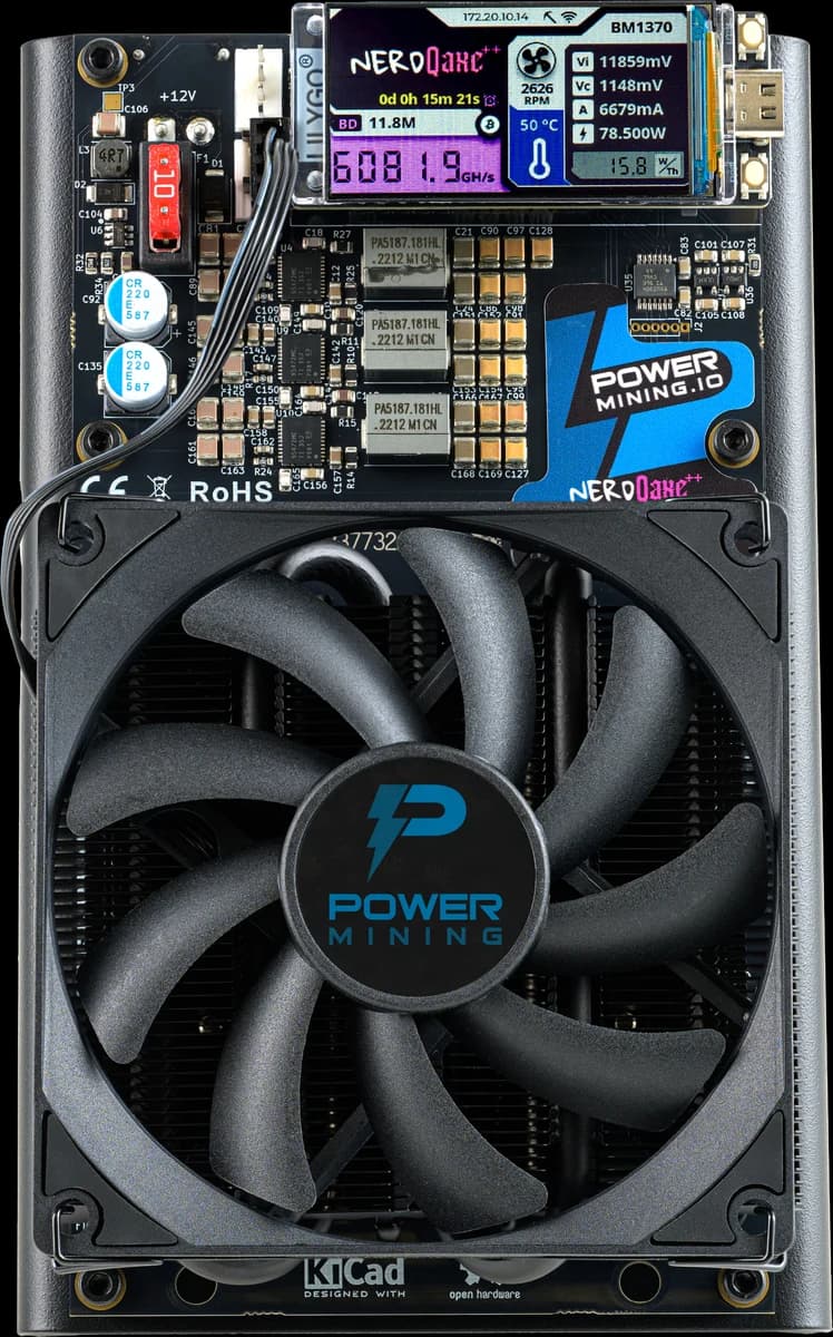 Power Mining NerdQaxe++ Rev6.1.2PM air-cooled build — revision-family reference, not the exact Rev6.1 supplier build